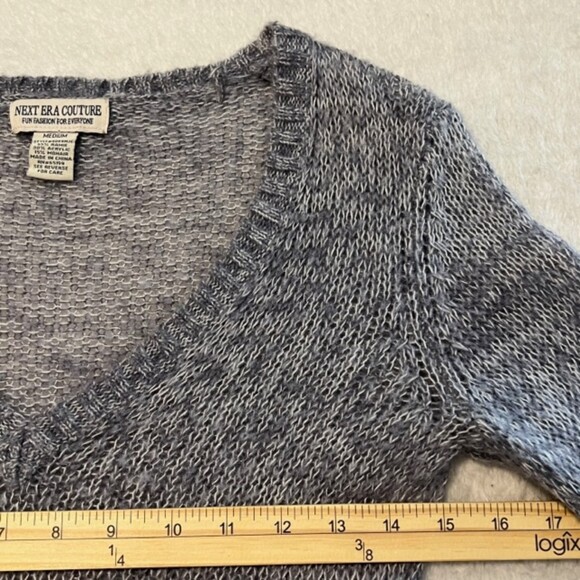 Next Era Couture Gray VNeck Pullover Mohair Ramie Wool Bell Sleeve Sweater Sz M - Picture 8 of 12